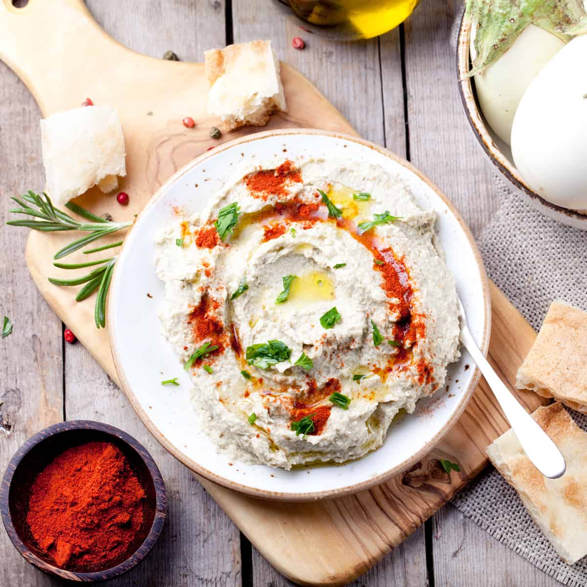 baba ganoush recipe traditional ghanoush ghanouj Arabian Levantine Middle Eastern eggplant dip olive oil lemon juice tahini