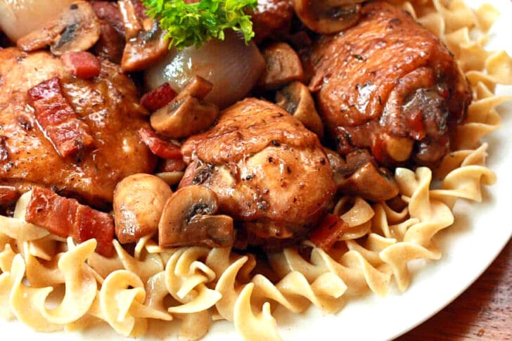 coq au vin recipe best traditional French braised chicken authentic Julia Child bacon onions mushrooms wine