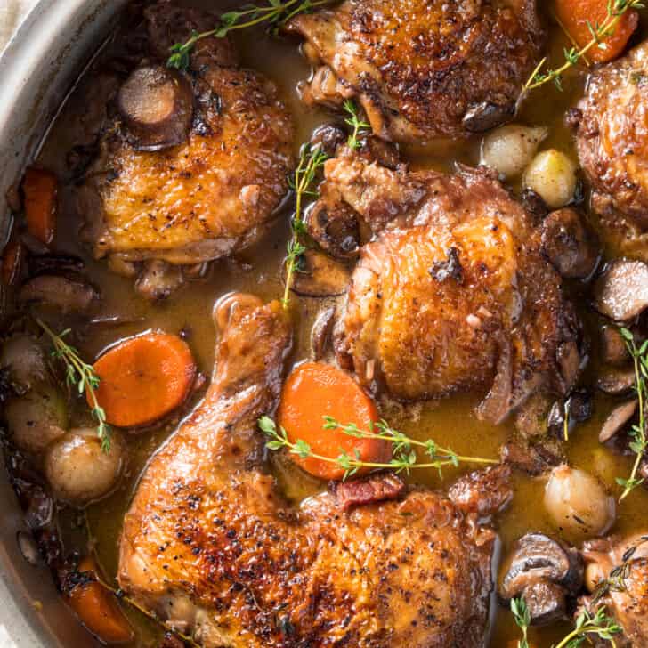 coq au vin recipe best traditional French braised chicken authentic Julia Child bacon onions mushrooms wine