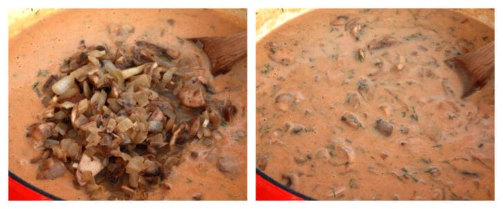 return mushrooms to soup and heat through