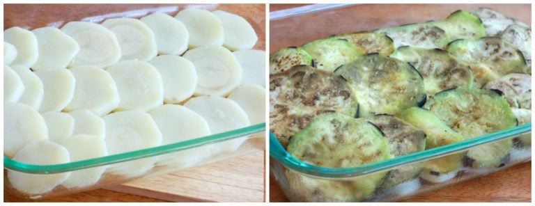 assembling potatoes and eggplant slices