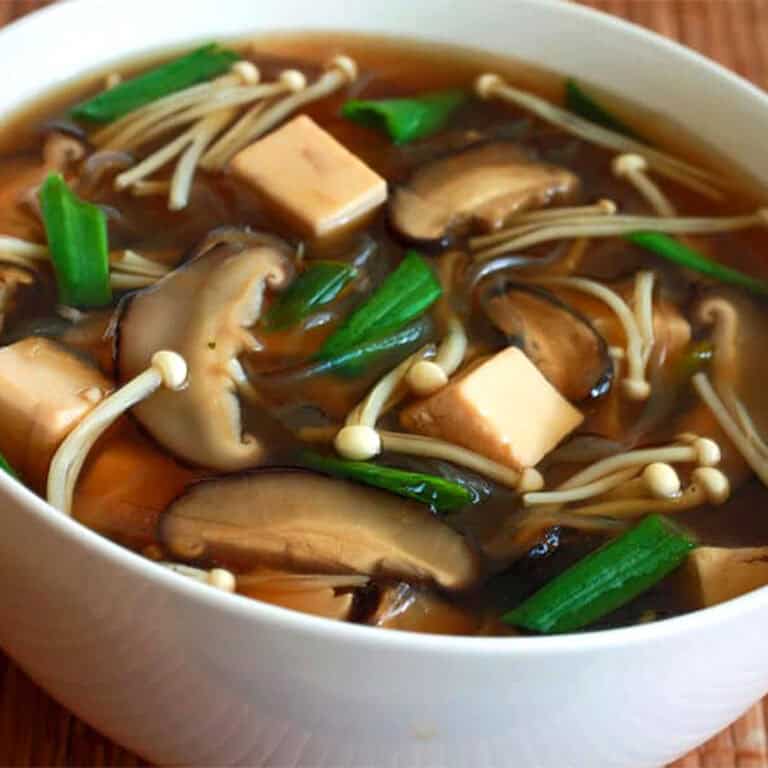 Japanese Mushroom Tofu Vermicelli Soup recipe mirin sake miso enoki shiitake