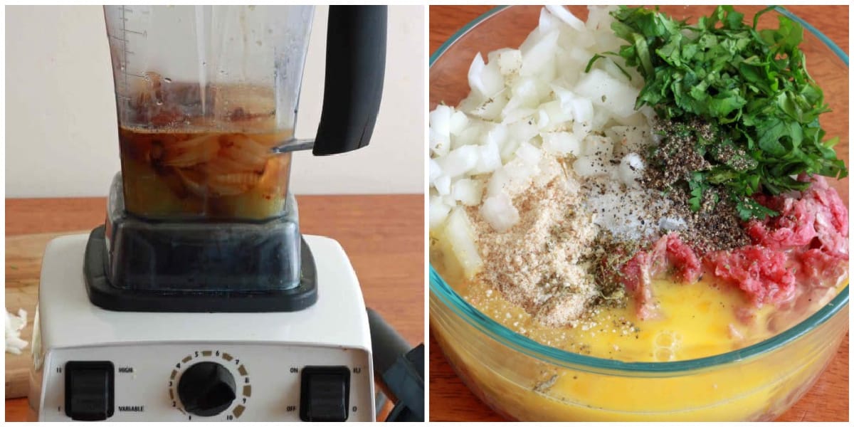 blending the roasted veggies and preparing the meat mixture in a bowl