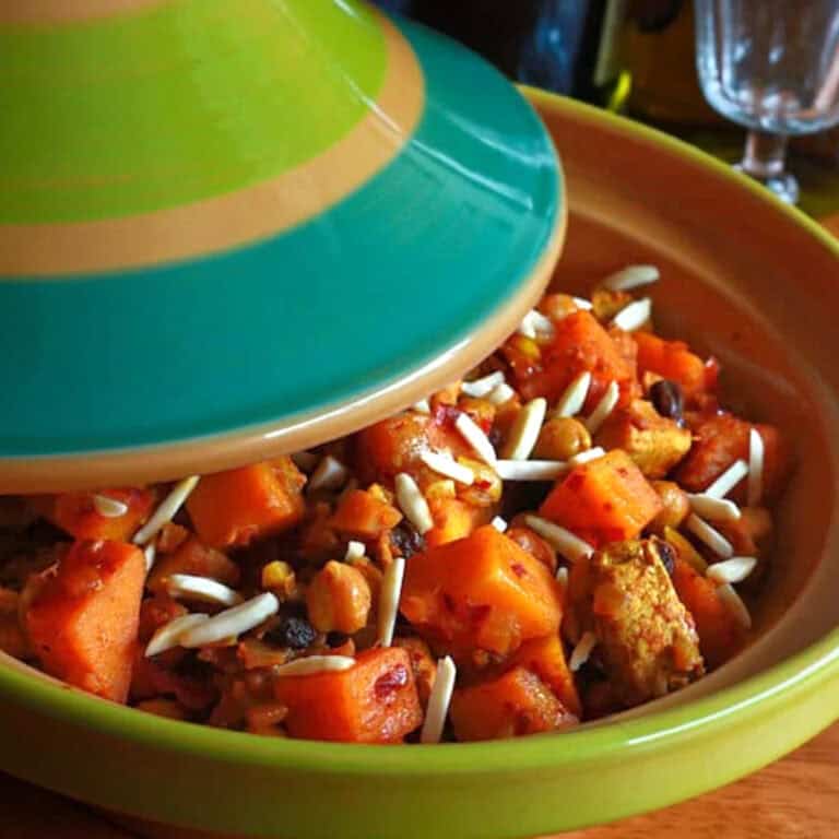 chicken tagine recipe moroccan butternut squash pumpkin chicken almonds raisins apricot authentic harissa