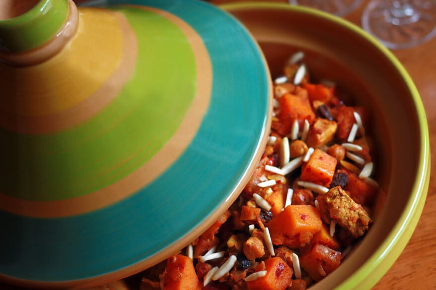chicken tagine recipe moroccan butternut squash pumpkin chicken almonds raisins apricot authentic harissa
