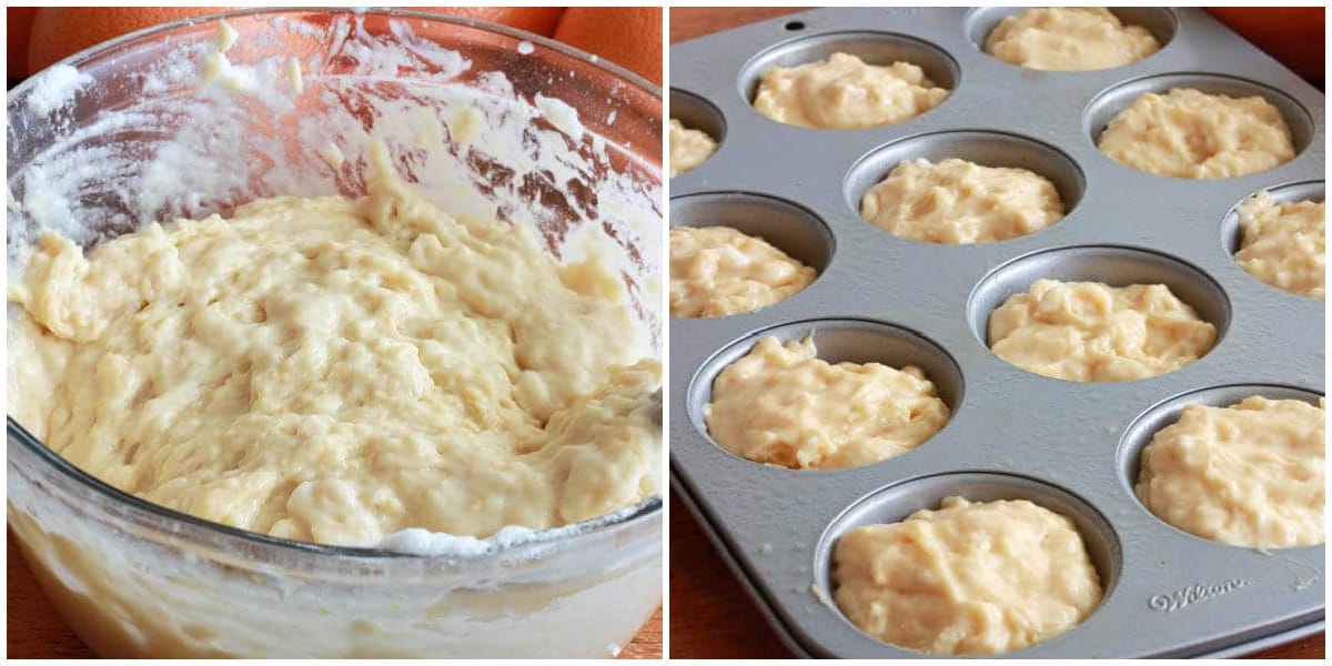 spooning batter into muffin pan