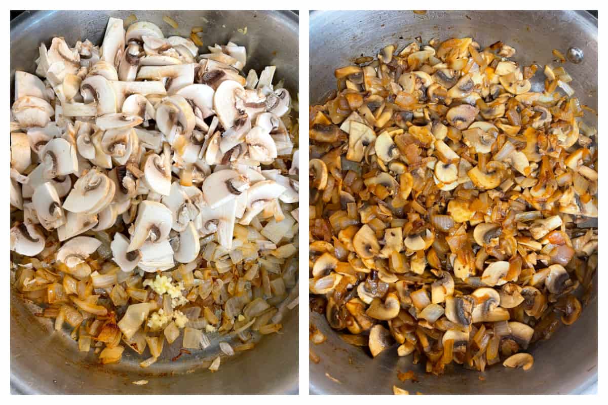 adding mushrooms to the skillet