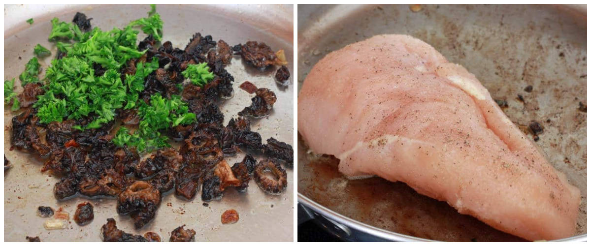 cooking mushrooms with parsley in skillet