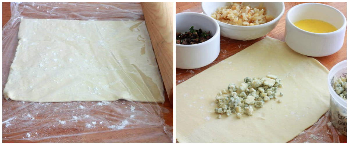 preparing puff pastry and adding layer of cheese