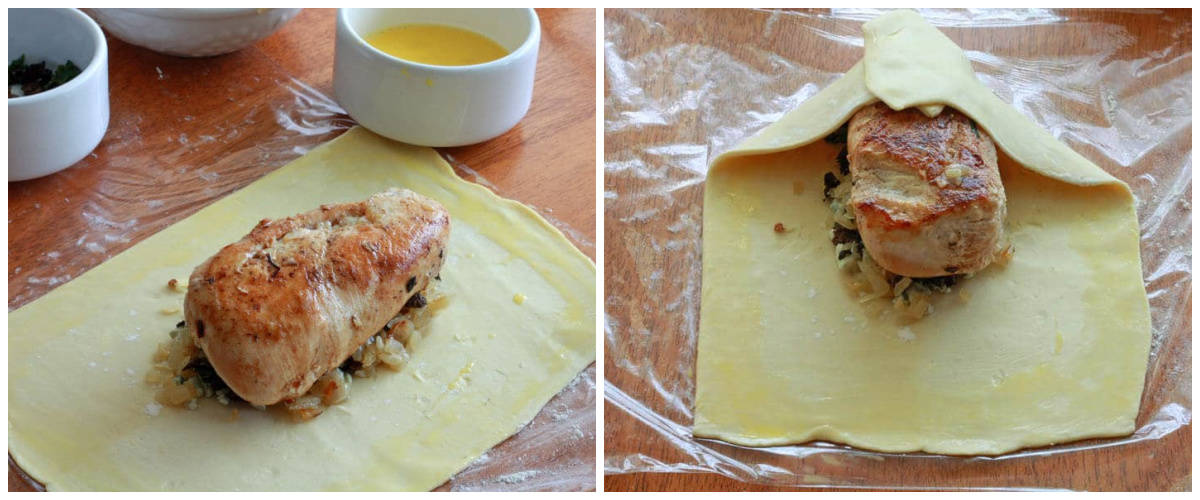 folding the puff pastry around the chicken breast