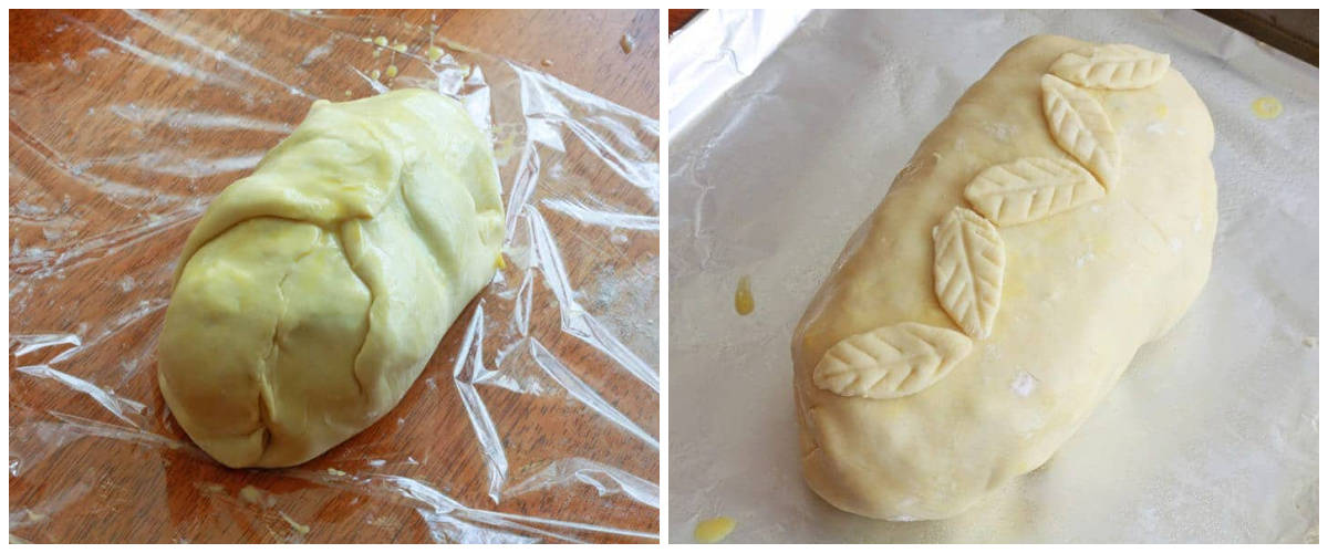 brushing the puff pastry with egg yolk and adding cut out pastry designs