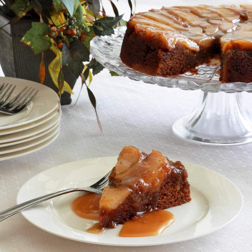 Pear Upside Down Gingerbread Cake Caramel Sauce