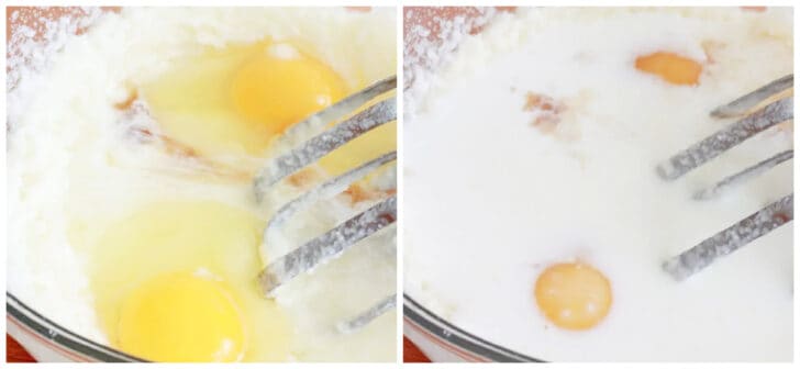 beating eggs and buttermilk into batter