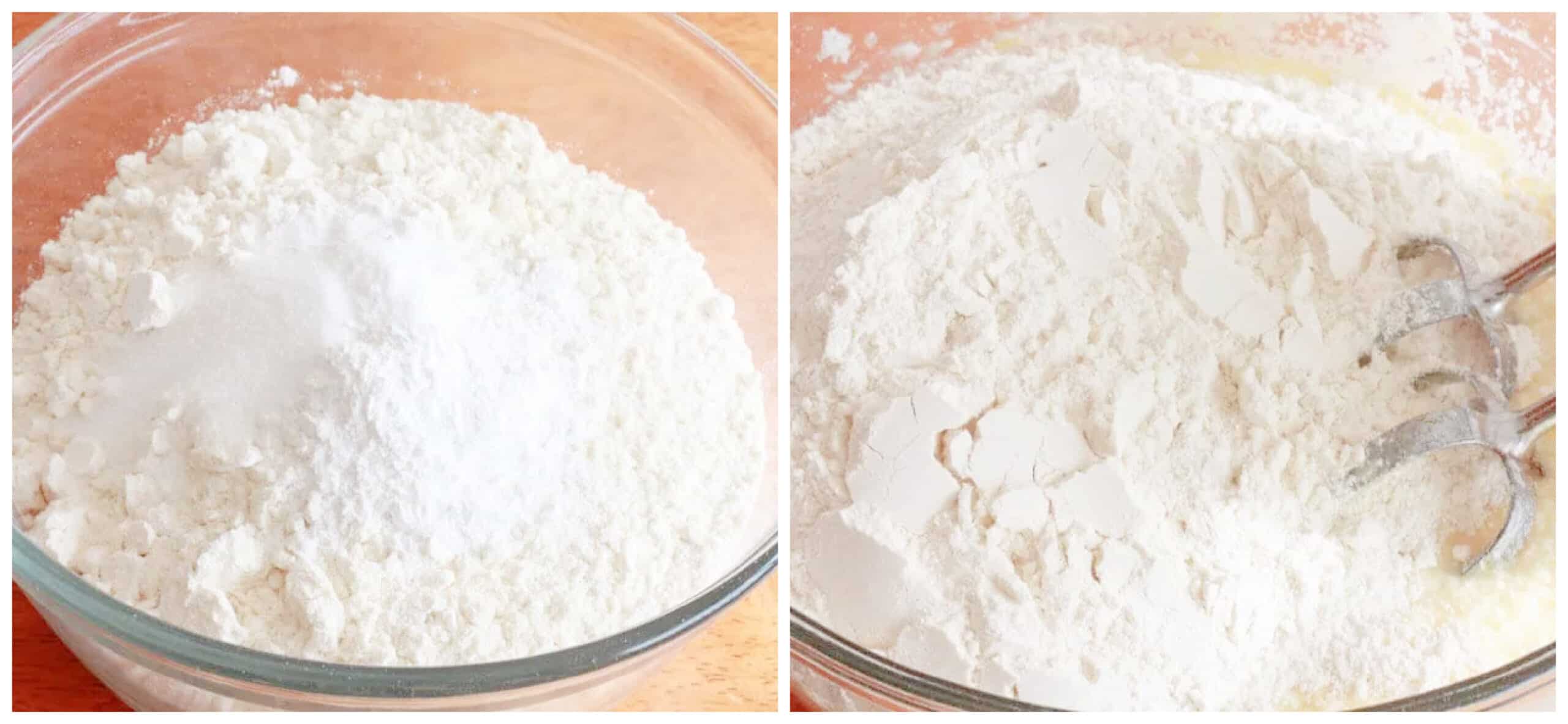 adding flour to batter