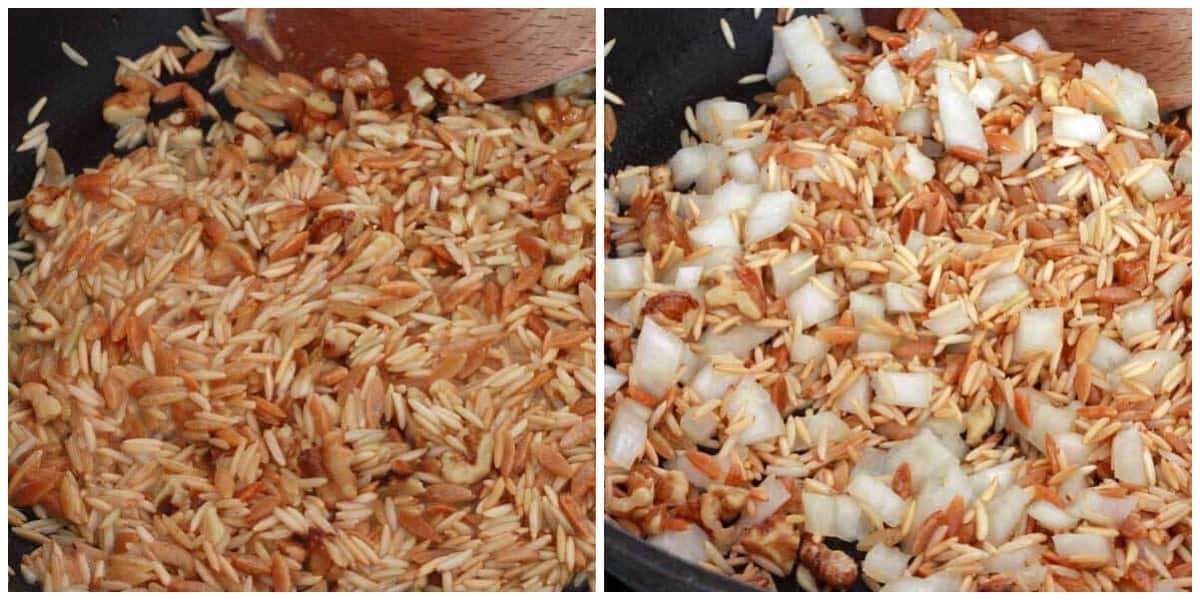 browning the ingredients and adding chopped onion