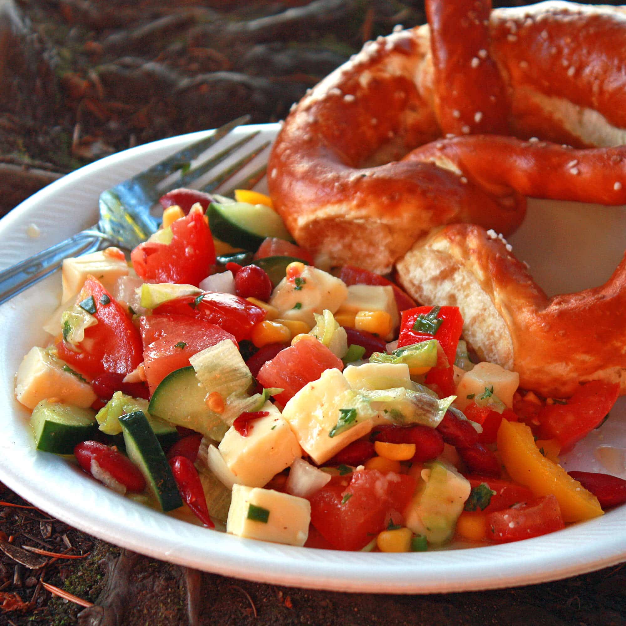 german picnic salad cheese vinaigrette cucumbers kidney beans tomatoes corn peppers recipe