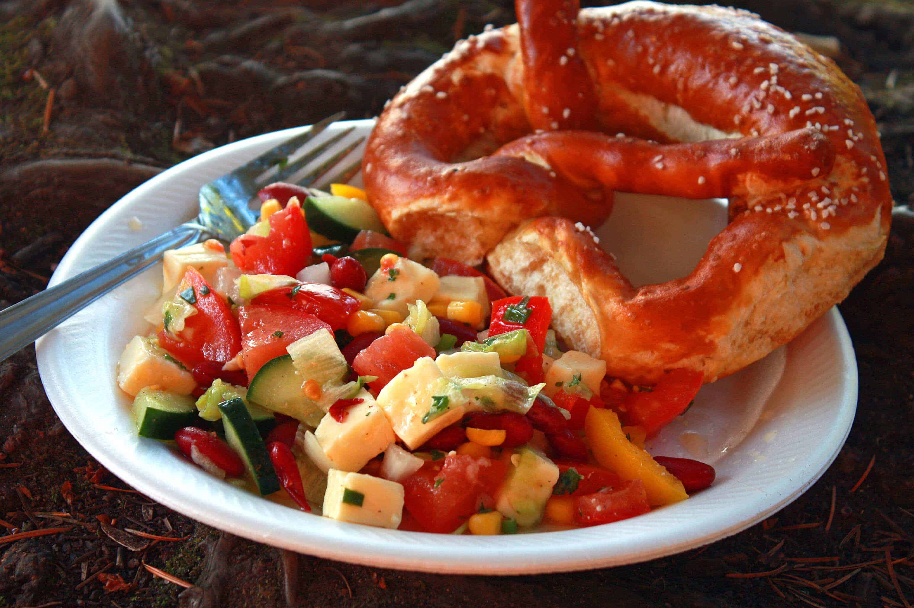 german picnic salad recipe cheese cucumbers tomatoes pepper kidney beans corn vinaigrette herbs