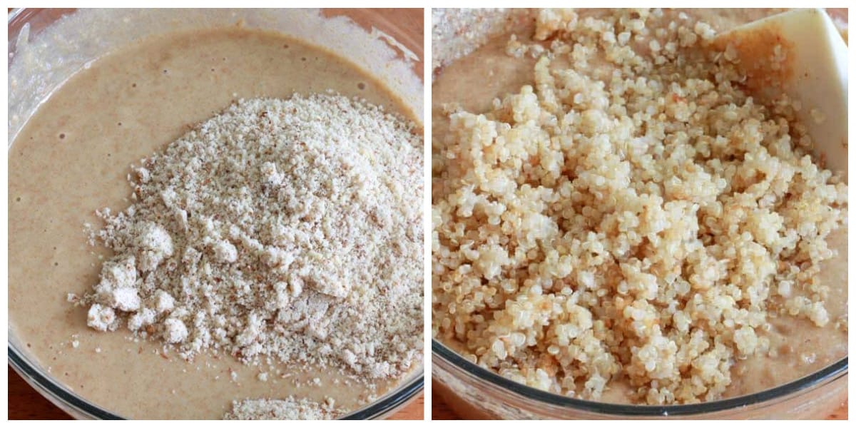 adding almond meal and quinoa to the batter