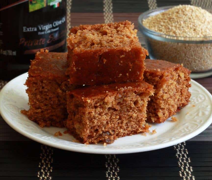 honey olive quinoa cake recipe whole grain no refined sugar olive oil nuts almonds spelt einkorn whole wheat raisins healthy