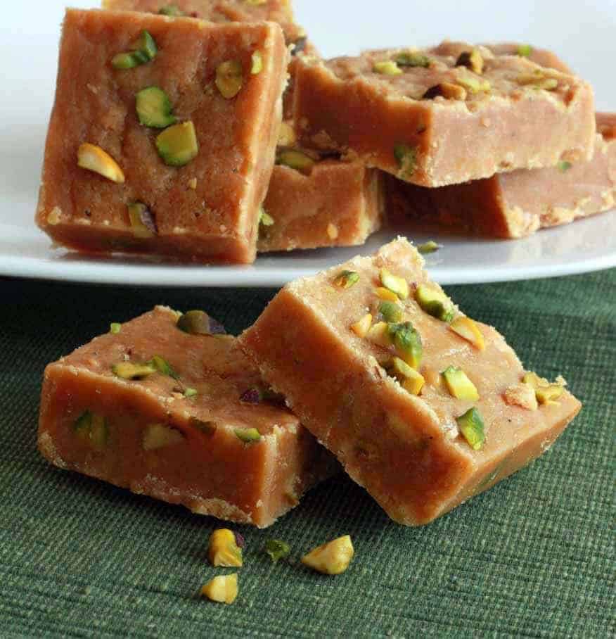 Besan Ki Barfi recipe burfi Pakistani dessert sweet pistachio cardamom gram flour garbanzo bean ghee