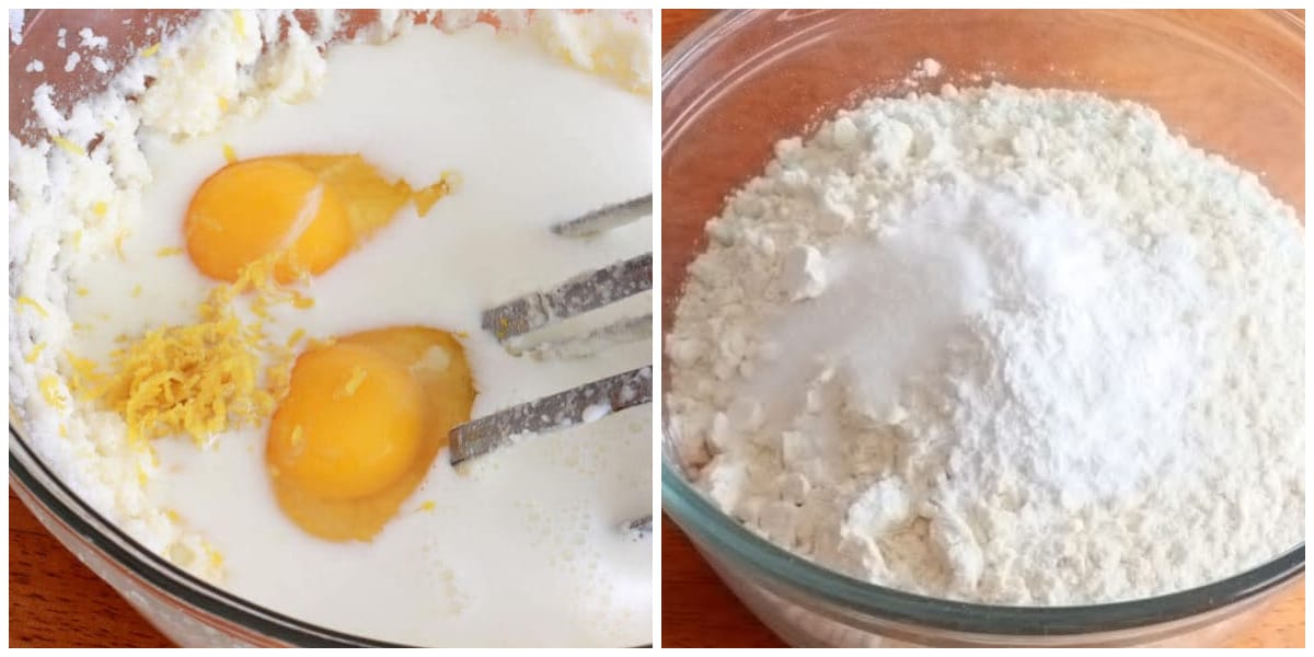 adding buttermilk and eggs and combining dry ingredients