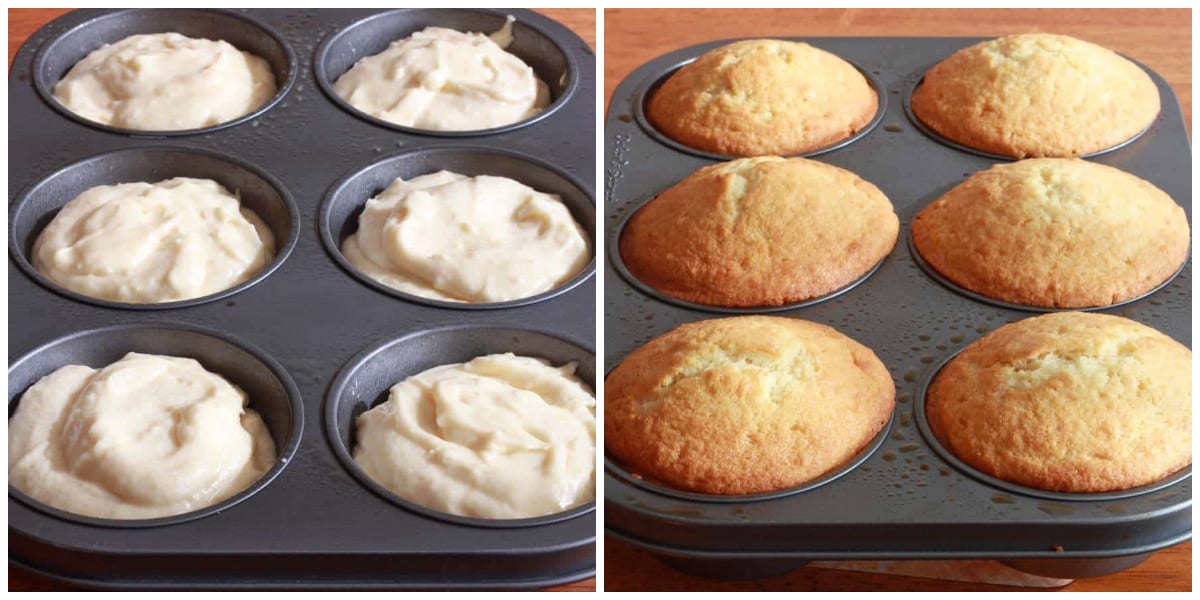 adding batter to muffin pan and baking