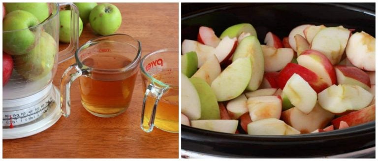 adding fruit and cider to the slow cooker