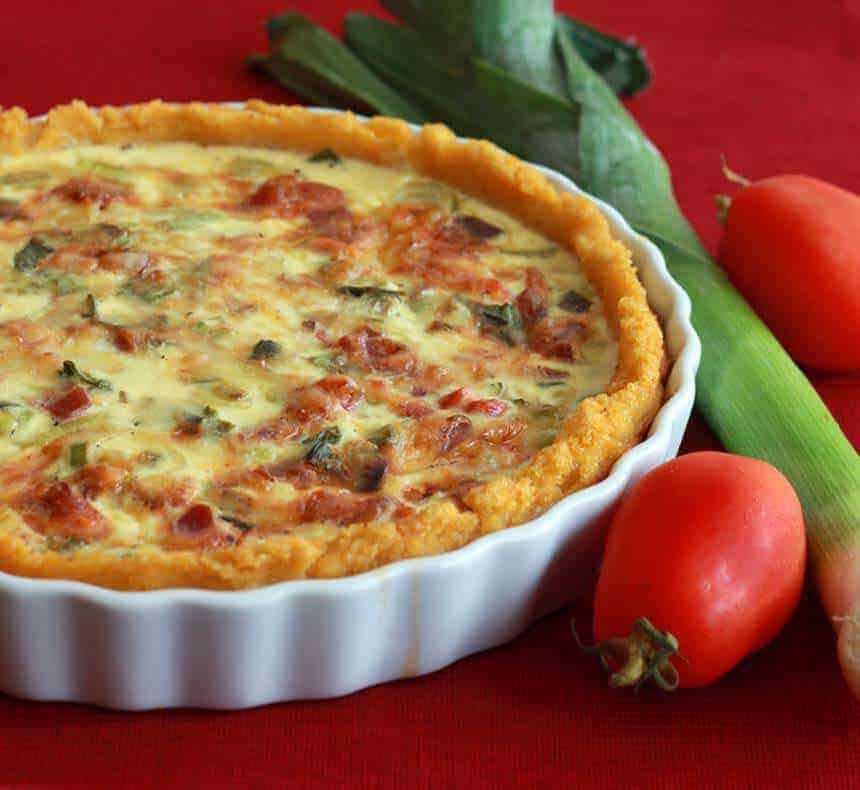 Bacon, Leek and Roasted Tomato Quiche with Polenta Crust