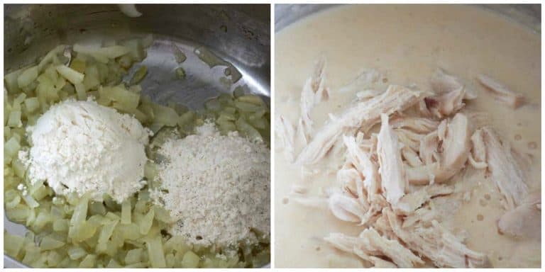 cooking the onions and adding cream and chicken
