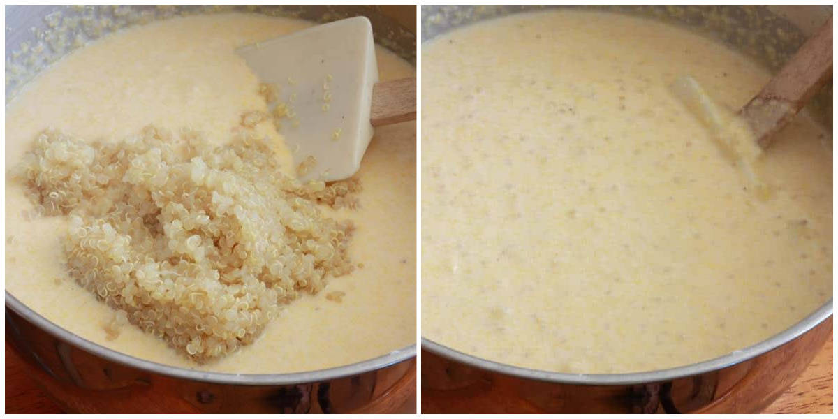 adding the cooked grains to the batter