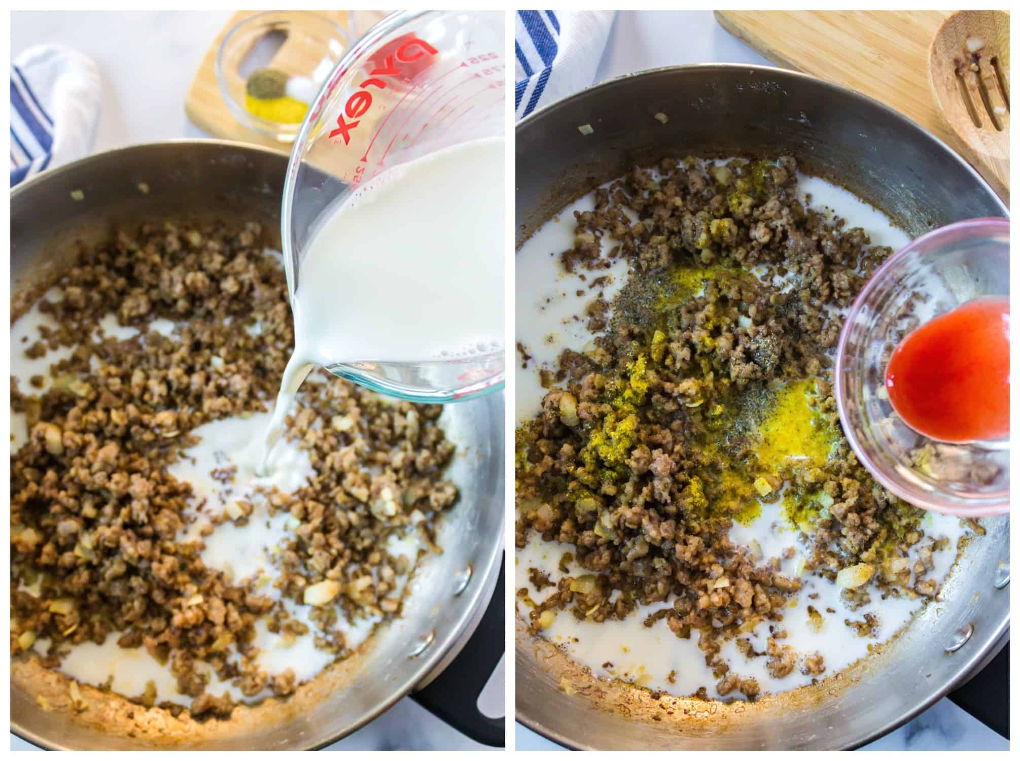 adding milk and seasonings