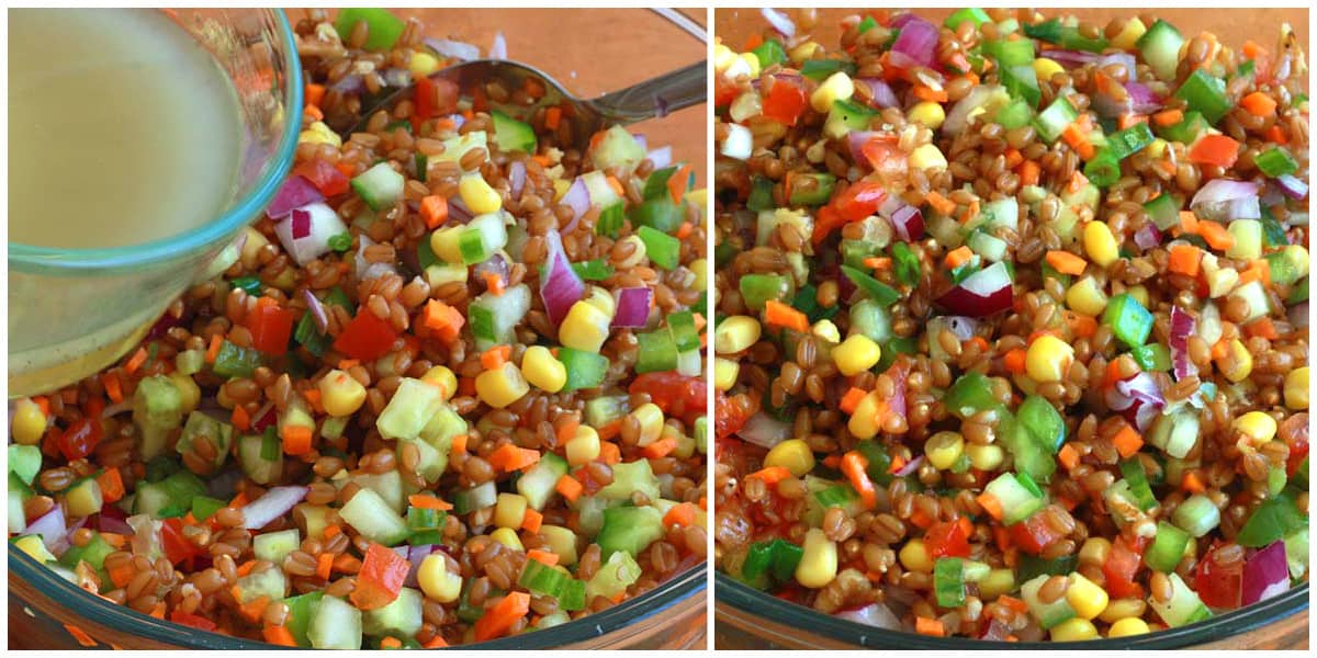 wheat berry salad recipe crunchy healthy vegetables peppers onions carrots corn tomatoes nuts walnuts almonds