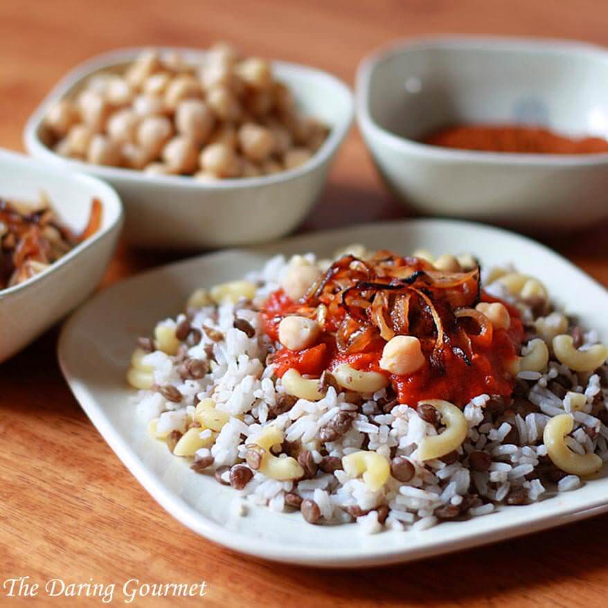 koshari recipe authentic traditional Egyptian rice lentils macaroni pasta spicy sauce baharat fried onions national dish