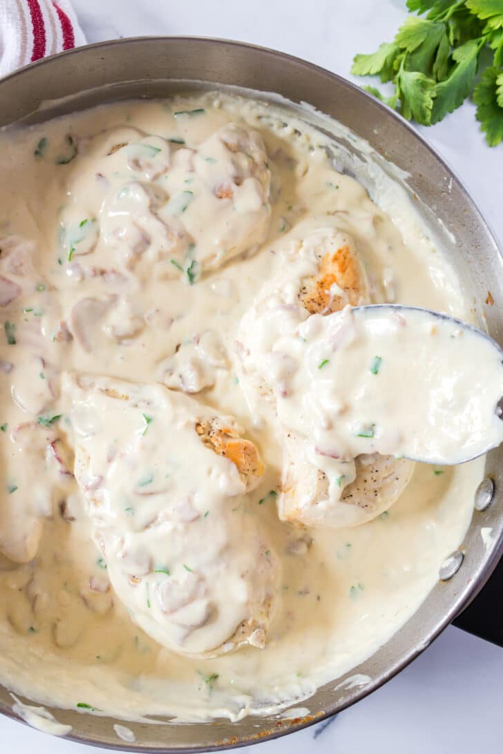 smothered chicken recipe creamy mushroom bacon sauce