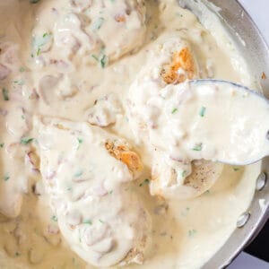 smothered chicken recipe creamy mushroom bacon sauce gravy