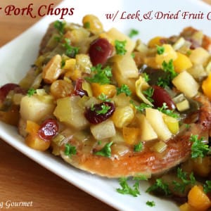 cider fruit pork chops recipe cranberries cherries apricot pear leek compote wine