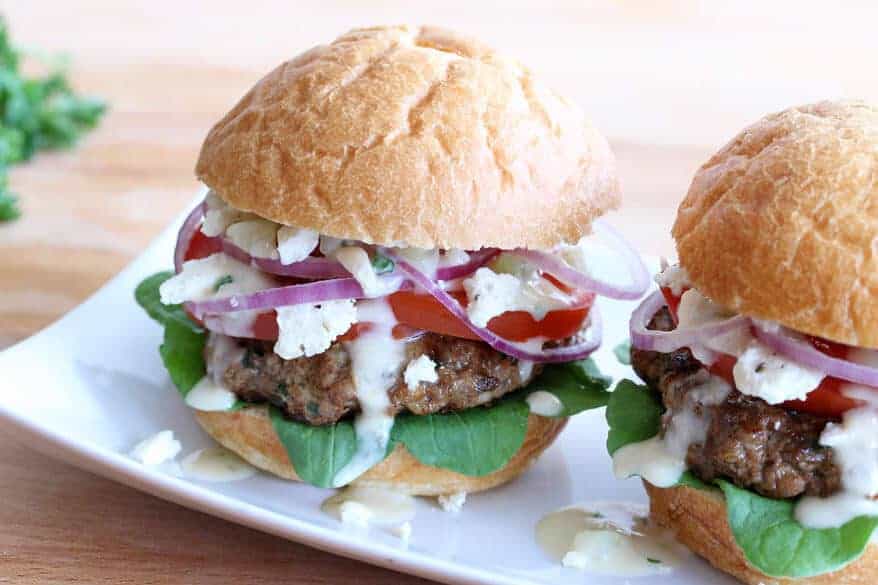 greek burgers recipe best pine nuts sun dried tomatoes tzatziki sauce feta