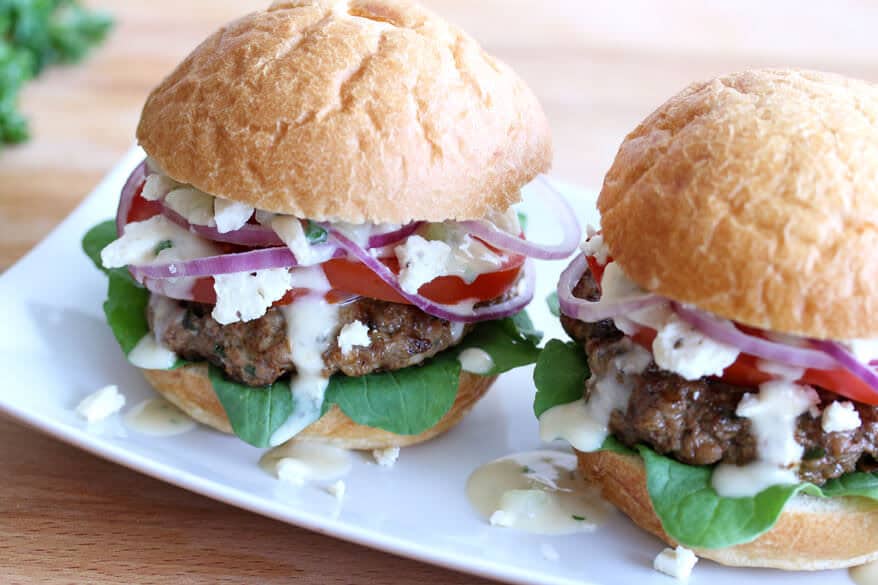 greek burgers recipe best pine nuts sun dried tomatoes tzatziki sauce feta