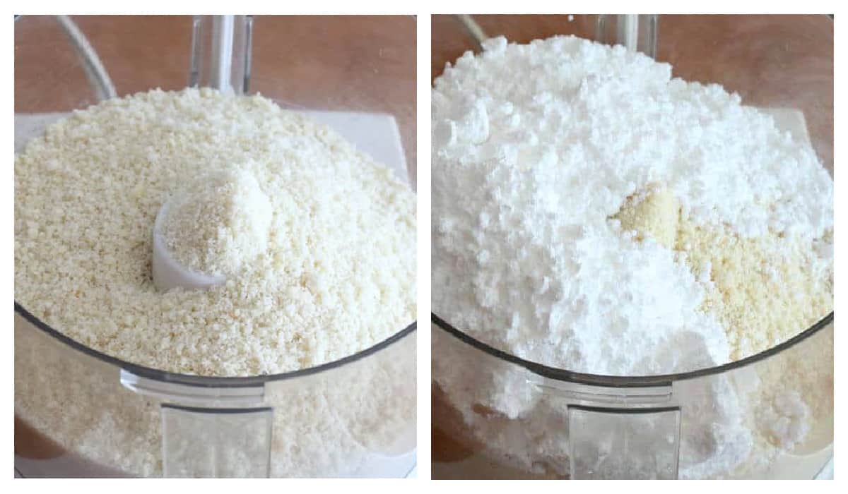 adding almonds and powdered sugar to food processor