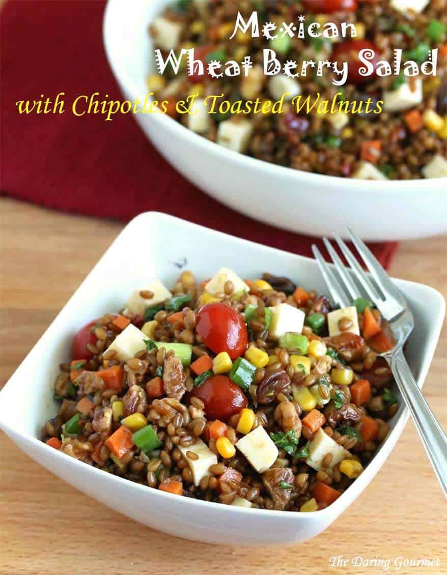 Mexican Wheat Berry Salad chipotles corn tomatoes cheese walnuts raisins carrots onions vinaigrette recipe