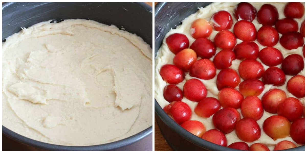 spooning batter in springform and layering cherries on top