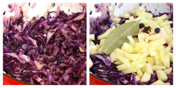 cooking the cabbage and adding the apple and spices