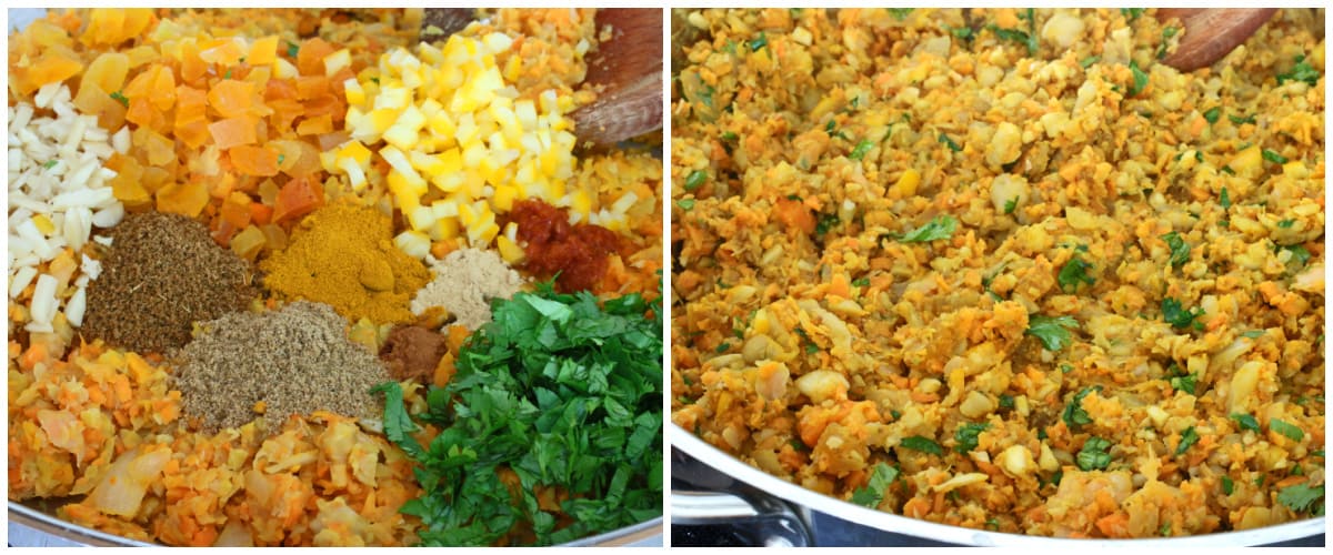 adding the seasonings to the sweet potato millet mixture in pan