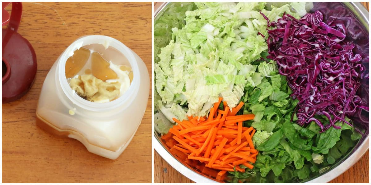 making the dressing and placing veggie in large bowl