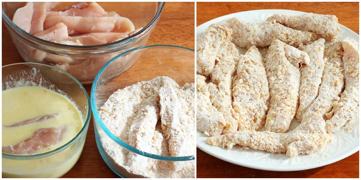 dipping the chicken strips in egg and breadcrumb mixture