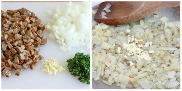 prepping ingredients and cooking onions and garlic