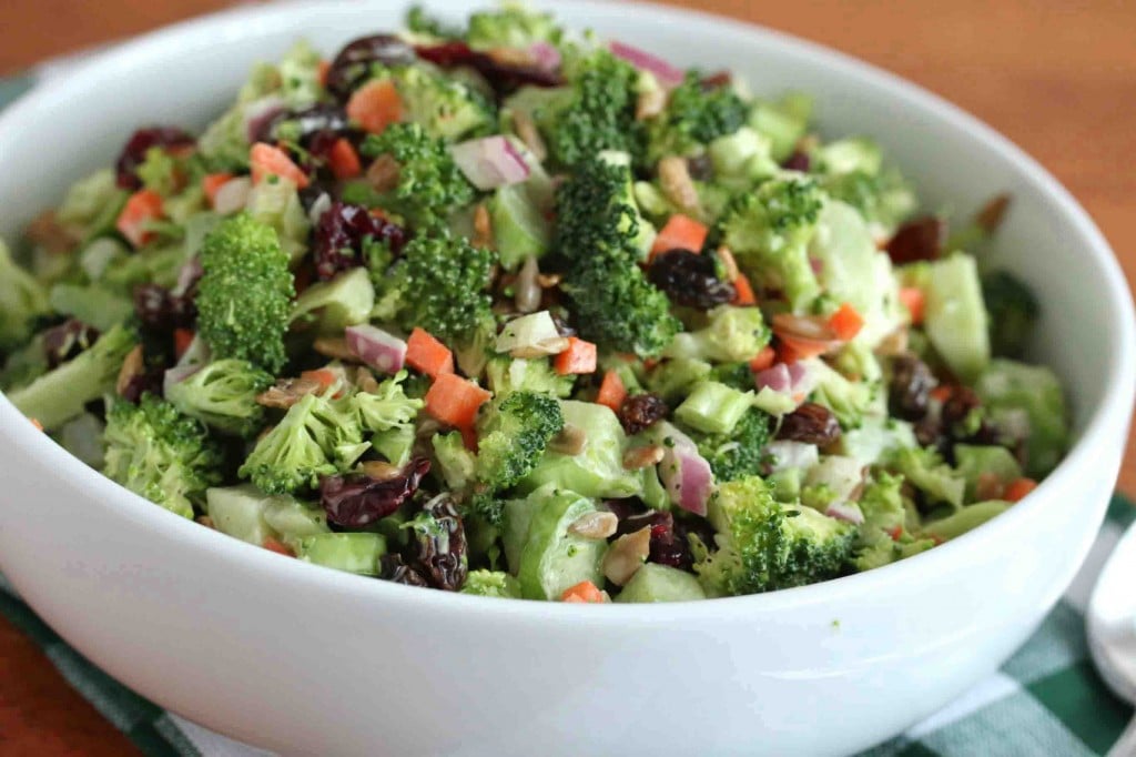 crunchy creamy broccoli salad recipe raisins cranberries nuts sunflower seeds