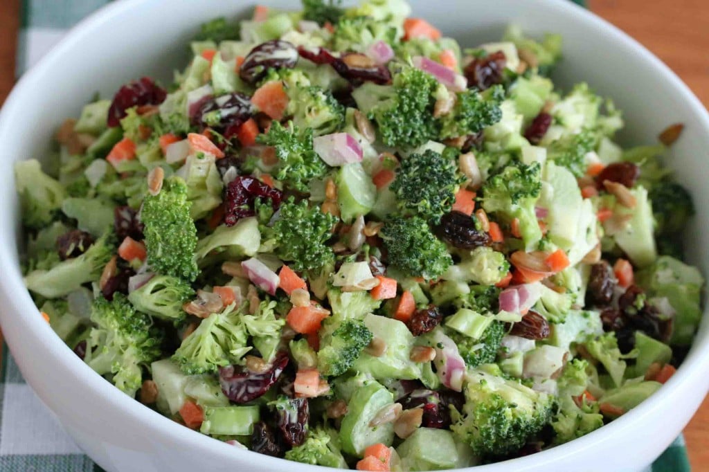 creamy crunchy broccoli salad recipe raisins cranberries nuts sunflower seeds