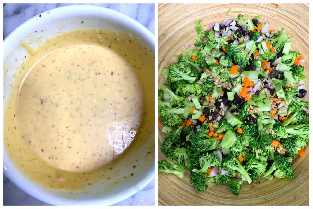 preparing the dressing and combining the ingredients in a bowl