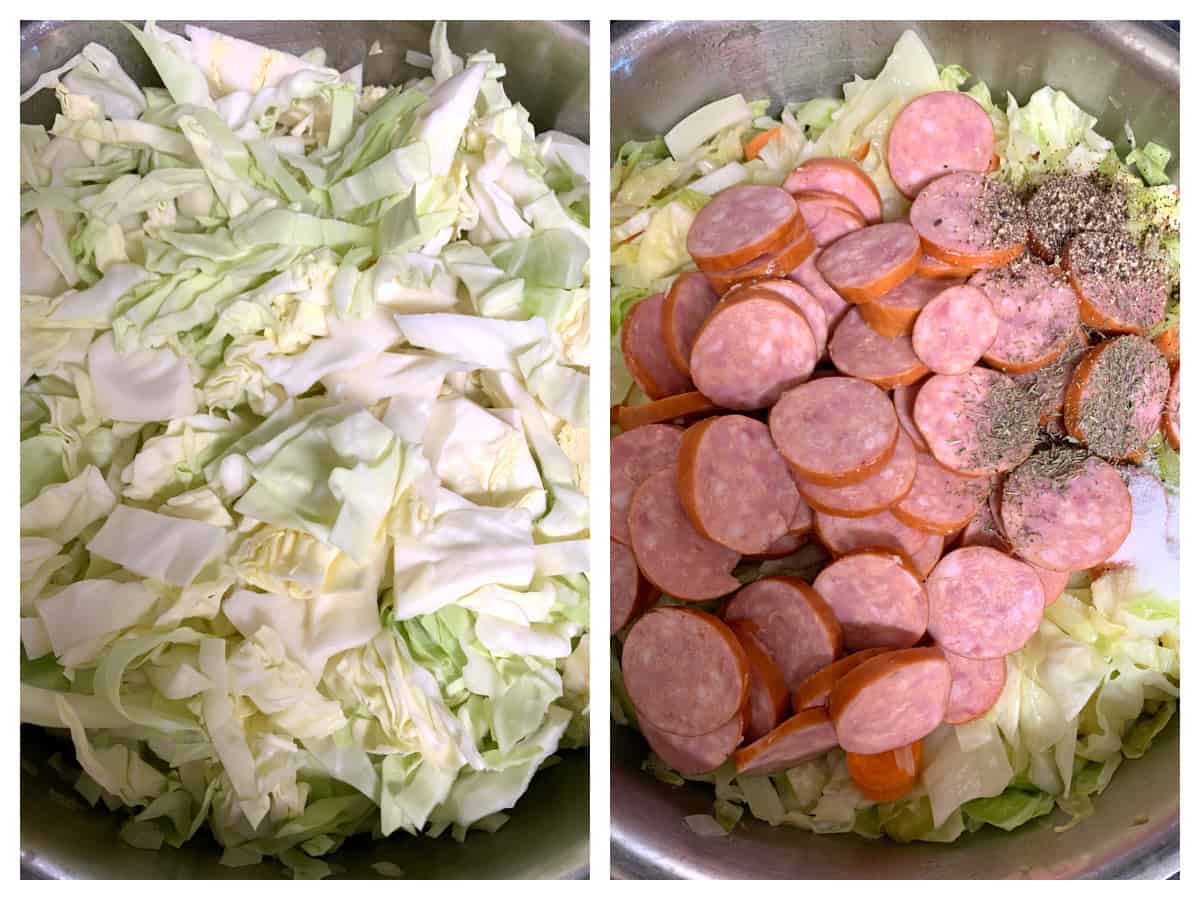 cooking veggies and sliced sausages in pot